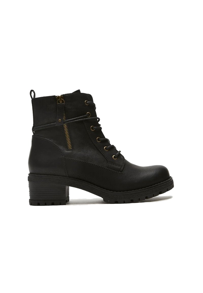 Botas de tobillo negras de cuero con un acabado texturizado, con cordones en la parte frontal, cremallera lateral y un tacón grueso y con patrón.