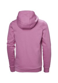 Sudadera con capucha en suave tela rosa, con mangas largas, puños acanalados y un corte relajado. La vista trasera muestra una textura lisa y detalle de la capucha.