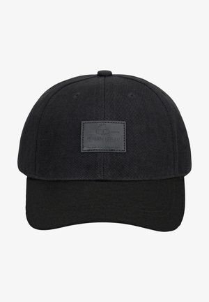 Black cap with a structured design, featuring a flat brim and textured fabric. Includes a black leather patch with embossed brand logo.