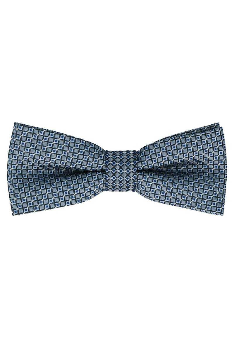 Blue silk bow tie with a textured diamond pattern, featuring shades of navy and light blue. Classic shape with a central knot.