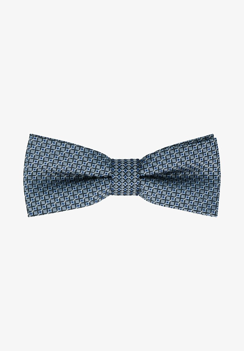 Blue silk bow tie with a textured diamond pattern, featuring shades of navy and light blue. Classic shape with a central knot.