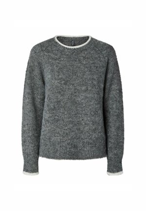 Sivi plišani pleteni pulover s dugim rukavima, okruglim izrezom i bijelim obrubom na ovratniku i manžetama.