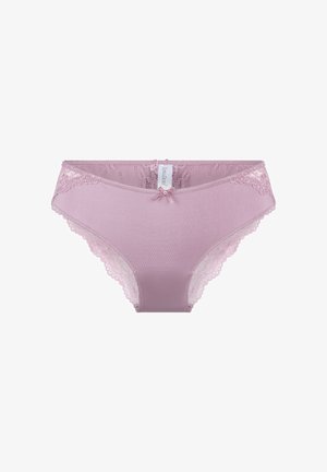 Lyserøde kvinders panties lavet af glat stof, med blondertrim langs kanterne og en lille satinsløjfe i midten foran.