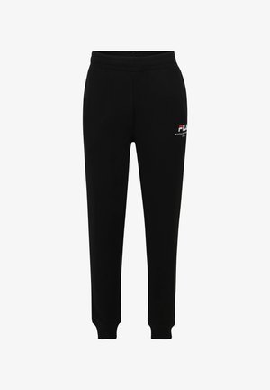 Pantalones de chándal negros hechos de una tela suave, con una cinturilla y puños acanalados. Un pequeño logo en blanco y rojo está impreso en el muslo izquierdo.