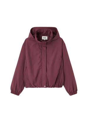 Veste à capuche mauve foncé avec fermeture éclair frontale, boutons-pression, poignets et ourlet élastiques, et deux poches latérales zippées, posée à plat sur fond blanc.