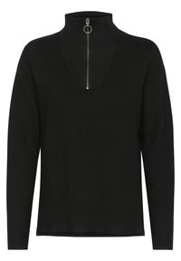 Svart tröja med hög krage och halvdragkedja med ringdrag. Strukturerad tyg med långa ärmar och avslappnad passform.