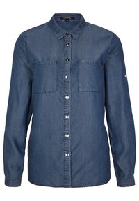 Denim shirt with a light blue hue, featuring a button-down front, two chest pockets, and long sleeves with buttoned cuffs. Silver buttons accent the design.