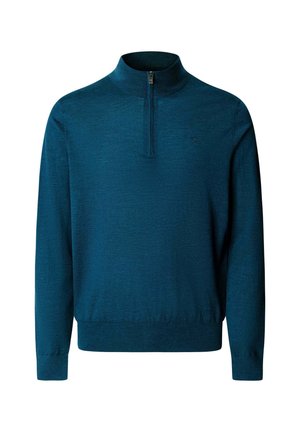 Dunkelblauer Pullover aus weichem Material mit einem Viertel-Reißverschluss, langen Ärmeln und einem gerippten Saum. Dezentes Logo auf der Brust.