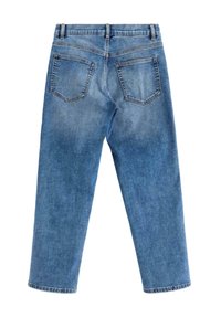 Lysblå denim jeans med lige pasform, fem lommer, kontrastsyninger og en let falmet finish på bagsiden.