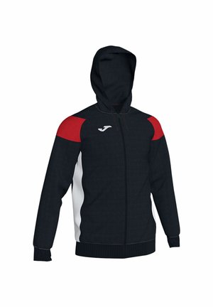Sweat à capuche noir zippé avec panneaux rouges aux épaules, bandes blanches sur les côtés, manches longues, capuche avec cordons et petit logo sur la poitrine.