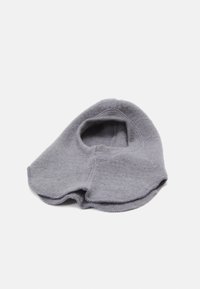 Balaclava din lână gri, cu o deschidere rotundă și o textură netedă, moale. Prezintă un design fără cusături și margini rotunjite pentru confort.