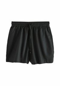 Čierne krátke nohavice s elastickou páskou, šnúrkou a bočnými vreckami, vyrobené z ľahkej tkaniny, vhodné na bežné nosenie.