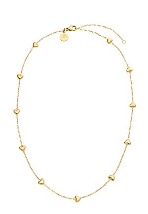 Delikatny naszyjnik z łańcuszka ze złota z równomiernie rozmieszczonymi małymi zawieszkami w kształcie serca oraz okrągłą blaszką z zapięciem, na której wygrawerowano napis "PURELEI".