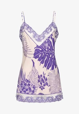Fioletowa i biała koszulka na ramiączkach z wzorem kwiatów i liści, ozdobiona koronką, z regulowanymi ramiączkami, wykonana z miękkiego, gładkiego materiału.