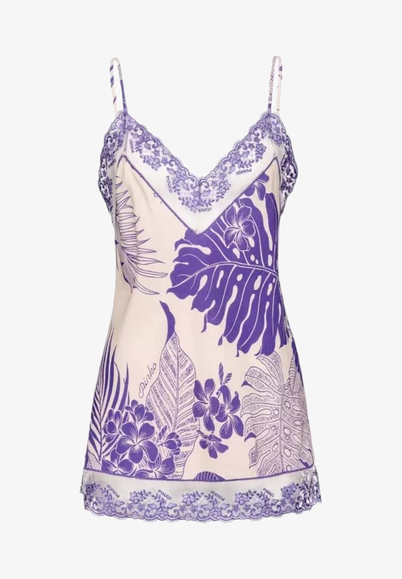 Fioletowa i biała koszulka na ramiączkach z wzorem kwiatów i liści, ozdobiona koronką, z regulowanymi ramiączkami, wykonana z miękkiego, gładkiego materiału.