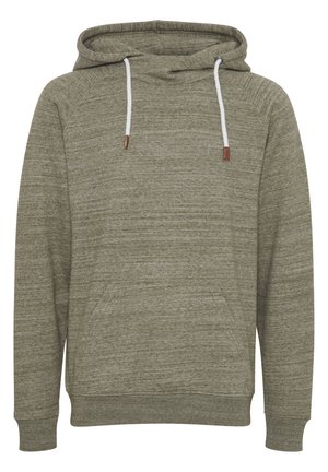 Kapuzensweatshirt aus strukturiertem olivgrünen Stoff, mit einer Vorderentasche, weißen Kordeln und braunen Lederelementen an der Kapuze.