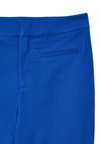 Pantaloni blu brillante con vita, chiusura frontale nascosta e una singola tasca orizzontale sul lato destro.