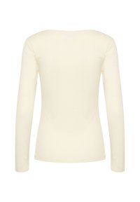 Langärmliges Oberteil in hellem Creme, aus weichem Stoff gefertigt. Verfügt über einen runden Ausschnitt und eine figurnahe Silhouette mit glatter Textur.