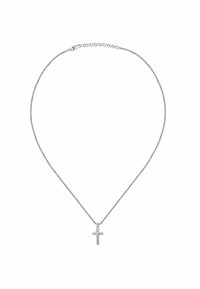 Collana in argento con un semplice pendente a croce. La catena ha una finitura texture e la croce presenta un accento circolare liscio.