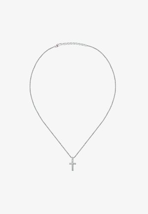Collana in argento con un semplice pendente a croce. La catena ha una finitura texture e la croce presenta un accento circolare liscio.