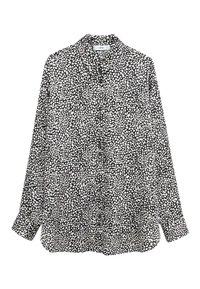 Chemise à manches longues noir et blanc en tissu lisse, avec un imprimé de formes blanches irrégulières sur un fond noir et un design boutonné.