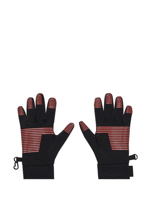 Black gloves with red horizontal grip stripes on fingers and palms, including wrist cuffs and small loops on each side.