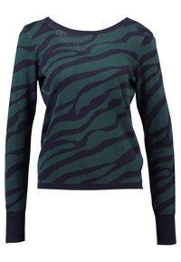 Pull rayé zèbre vert et marine à manches longues, avec un large col, des poignets et un ourlet côtelés, fabriqué en matière tricotée douce.