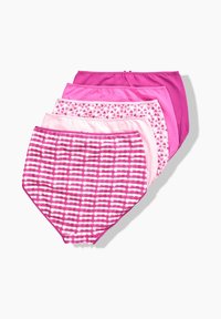 Vijf paar vrouwenondergoed in roze tinten. Kenmerken zijn onder andere een ruitpatroon, effen kleuren en hartontwerpen. Rekbare stof.