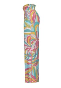 Kleurige, elastische tailleband, wijde broek met wervelende patronen in blauw, roze, geel en groen op een lichte achtergrond.