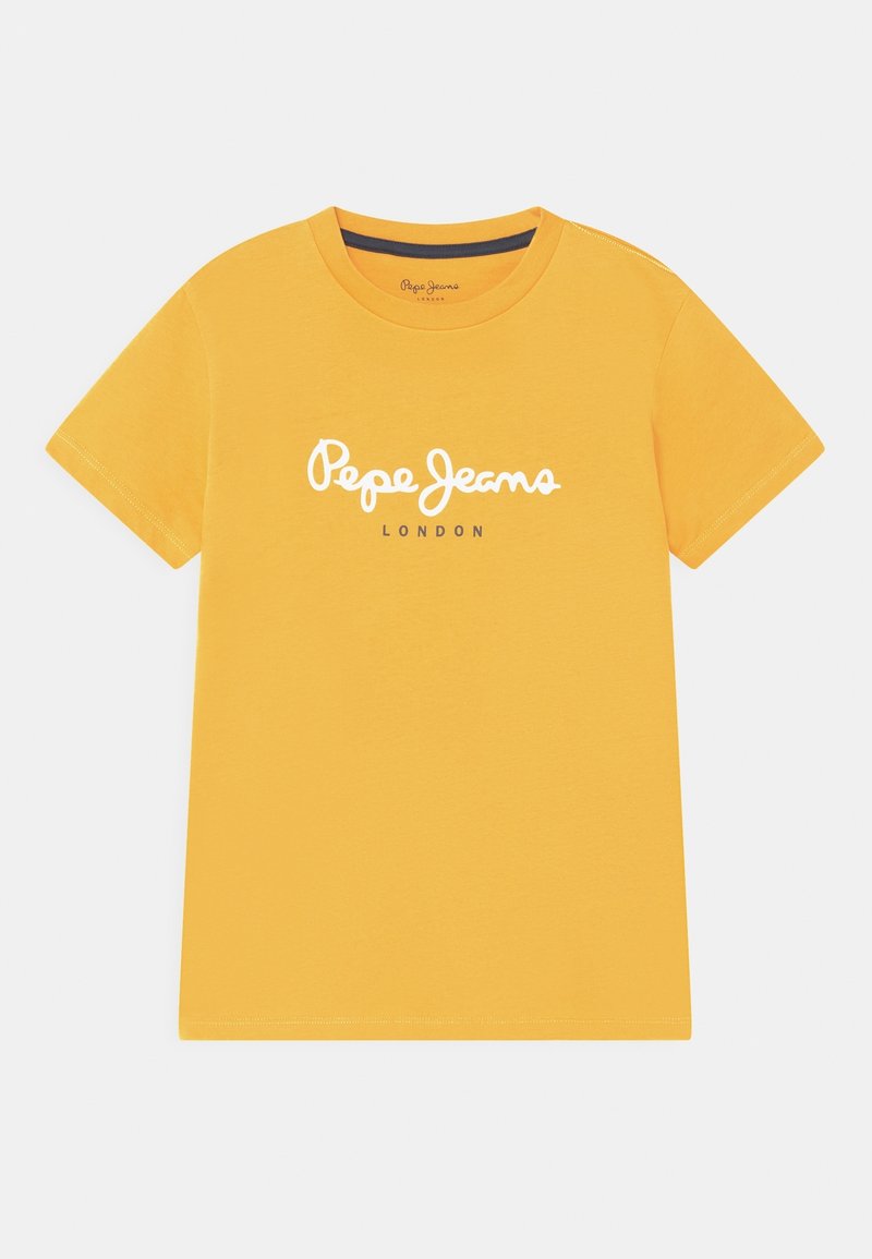 Żółta bawełniana koszulka z krótkim rękawem, z białym logo "Pepe Jeans" i napisem "LONDON" pod spodem w kolorze szarym. Gładka tekstura.
