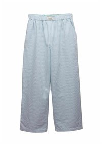 Modré a biele pruhované široké nohavice s elastickým pásom. Vyrobené z priedušnej látky s jemnou textúrou a pohodlným strihom.