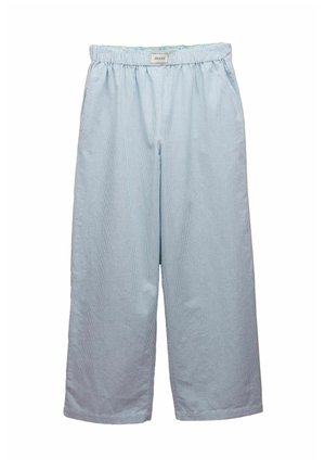 Sinised ja valged triibulised laiad püksid elastse vöökohtaga. Valmistatud hingavast kangast, millel on pehme tekstuur ja mugav lõige.