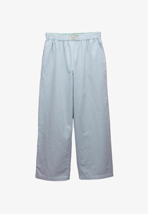 Blaue und weiße gestreifte weit geschnittene Hose mit elastischem Bund. Aus atmungsaktivem Stoff mit weicher Textur und lockerer Passform hergestellt.