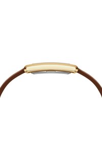 Reloj con correa de cuero marrón, con una elegante caja rectangular en tono dorado y una esfera plateada lisa. Diseño minimalista, acabado pulido.