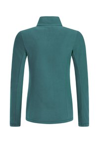 Veste en polaire turquoise à manches longues et col haut, vue de dos sur fond blanc.