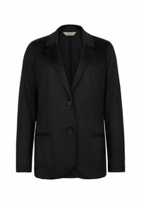 Czarna marynarka wykonana z gładkiego materiału, z kołnierzem typu notched, dwiema przednimi kieszeniami oraz dwoma ciemnymi guzikami. Strukturalny, ale lekki design.