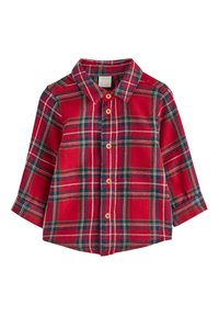 Chemise écossaise rouge en flanelle, dotée d'un col pointu, de manches longues et de boutons en bois le long de l'avant et des poignets.
