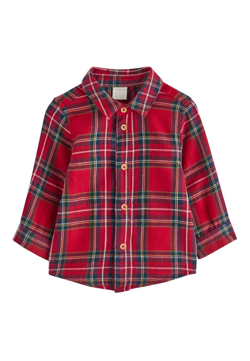 Chemise écossaise rouge en flanelle, dotée d'un col pointu, de manches longues et de boutons en bois le long de l'avant et des poignets.