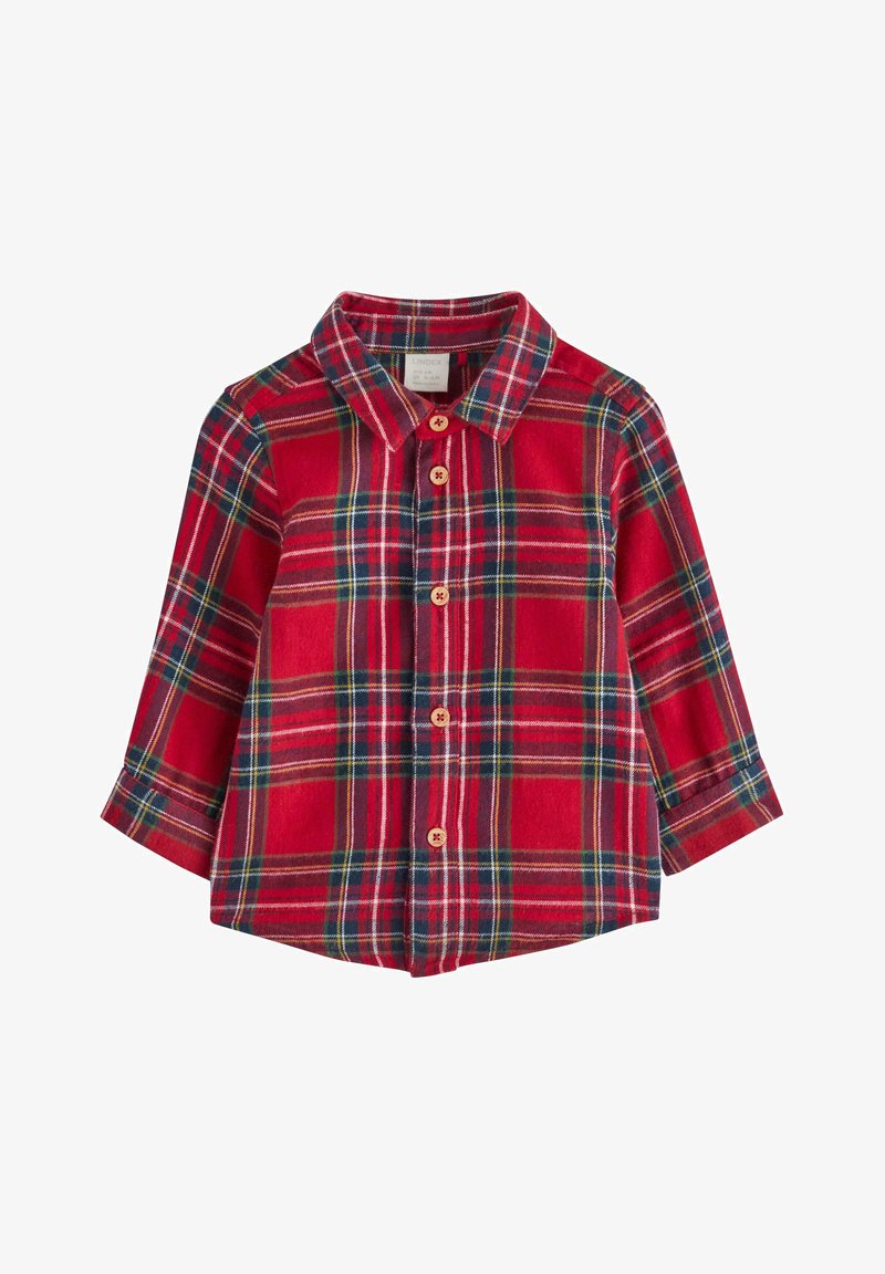 Rot kariertes Hemd aus Flanell mit einem spitzen Kragen, langen Ärmeln und Holzknöpfen entlang der Vorderseite und an den Manschetten.