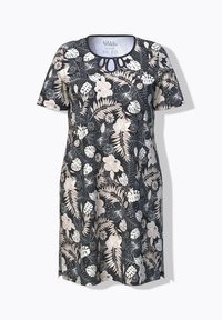Blommig klänning med korta ärmar, har en svart botten med vita och beige tropiska blad- och blommönster, rund halsringning med utskärning.