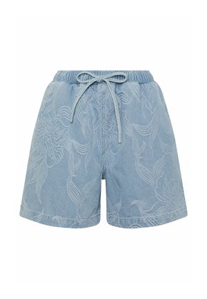 Shorts en denim bleu clair avec taille élastique et cordon de serrage à l'avant, présentant un motif subtil de broderie florale.