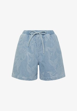 Shorts en denim bleu clair avec taille élastique et cordon de serrage à l'avant, présentant un motif subtil de broderie florale.