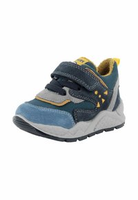 Sneaker per bambini blu e grigio con accenti gialli, lacci neri, cinturino in Velcro, suola bianca testurizzata e foderatura interna imbottita.