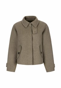 Pruun villa segu jope krae, eesmist nööpide sulgumist ja kahte küljetaskut. Omaduseks on lühendatud lõige ning peen tekstuur.