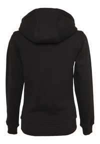 Black hoodie with a kangaroo pocket, ribbed cuffs and hem, and a rounded, structured hood. Made from soft, textured fabric.
