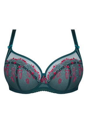 Teal mesh bh met bloemendessin in rood en grijs, met onderdraadsteun, verstelbare bandjes en decoratieve strikdetail in het midden.
