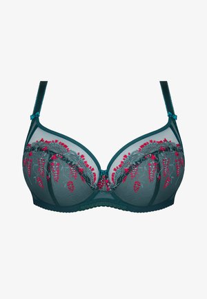Teal mesh bh med blomsterbroderi i rød og grå, med underwired støtte, justerbare stropper og dekorativ sløjfedetalje i midten.