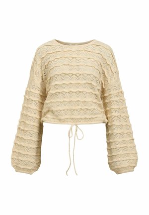 Cremfarbener Strickpullover mit gewellten horizontalen Mustern, langen Puffärmeln und einem gebundenen Kordelzug in der Taille.