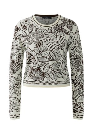 Pull crème à manches longues avec des motifs floraux et de feuilles détaillés marron partout et un col rond.