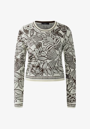 Cremefarbener Pullover mit langen Ärmeln, verziert mit braunen Blumen- und Blattmustern und einem runden Ausschnitt.